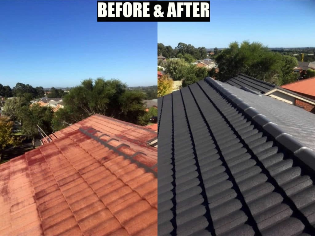 Roof Painting Melbourne 2 Before and after: terracotta roof recoated in charcoal