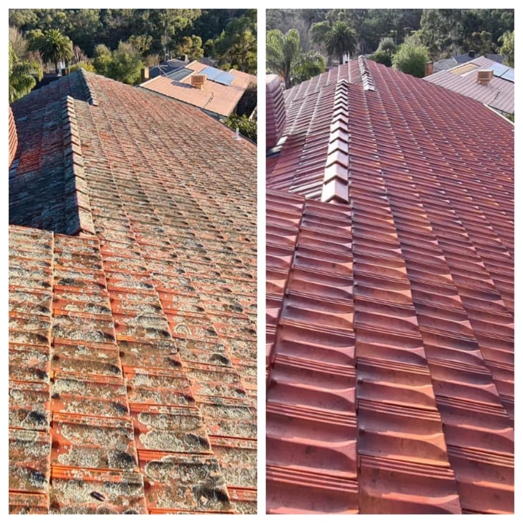 Home 3 Faded terracotta roof before restoration and the same roof restored in red