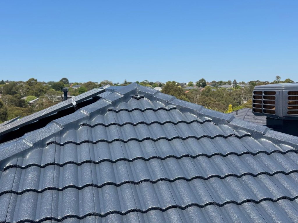 Modern gray painted tile roof with a smooth, uniform finish that enhances both durability and curb appeal.